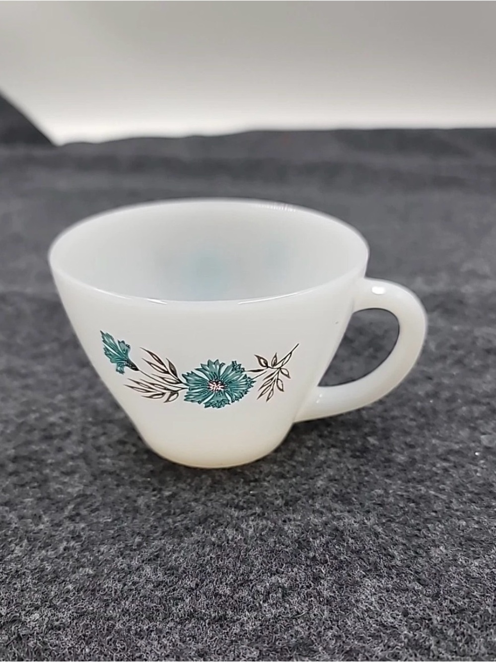 Vintage Fire King Bonnie Blue Floral Tea cup Teal Flowers MCM White